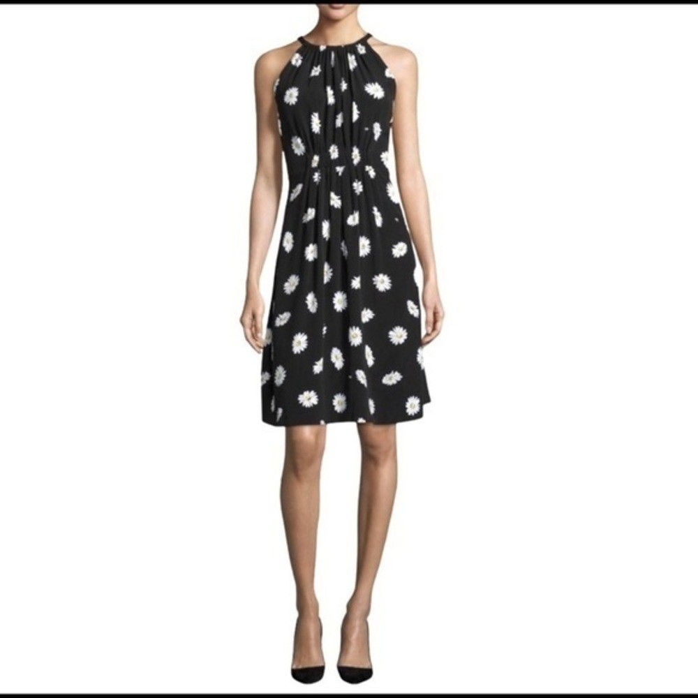 Kate Spade daisy dot tie back halter dress black w/ white & yellow, size 2